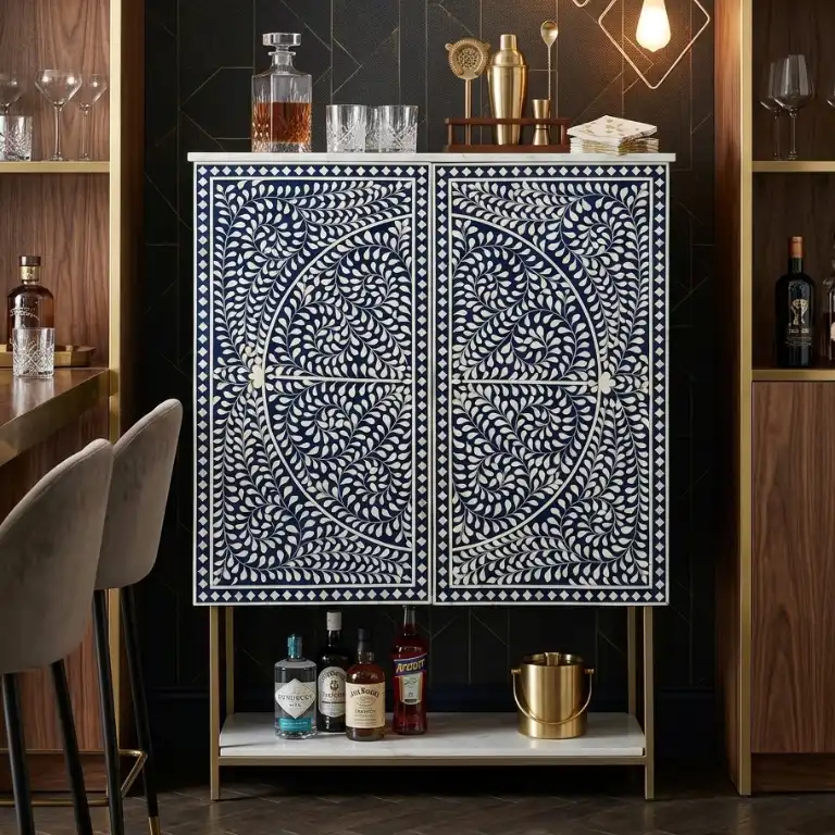 navy-blue-bone-inlay-bar-cabinet-unit Navy Blue Bone Inlay Bar Cabinet placed in home bar