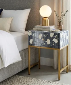 Bone Inlay Flower Design Navy Blue Nightstand