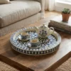 Navy blue bone inlay floral round serving tray