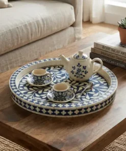 Navy blue bone inlay floral round serving tray