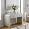 Bone Inlay 2 Drawer Waterfall Style Desk / Console – Optical Design placed in contemporary living room with flower vase