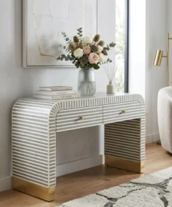 Bone Inlay 2 Drawer Waterfall Style Desk / Console – Optical Design placed in contemporary living room with flower vase