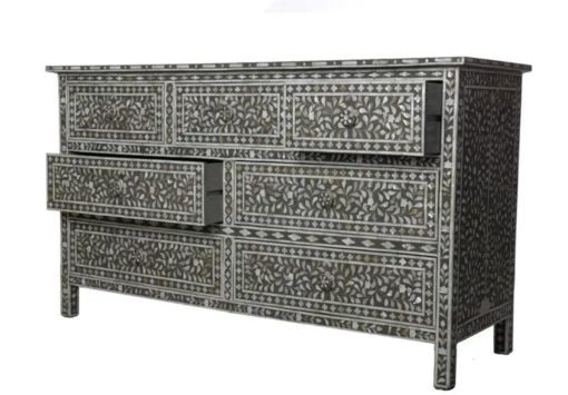 Mother of Pearl Inlay Chest of Drawers in Charcoal Black, floral design, dresser,