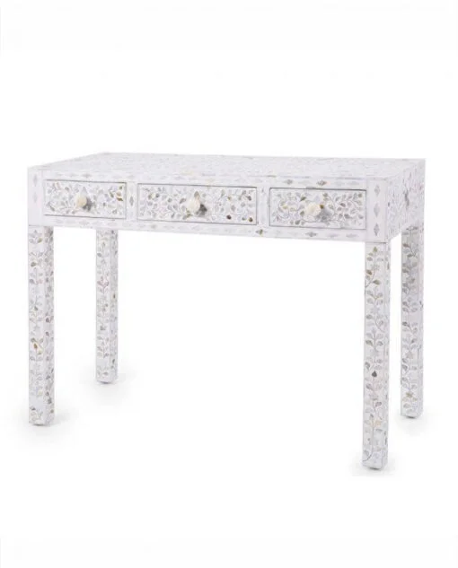 Mother of Pearl Inlay White Console Table with 3 Drawers | Mother of pearl Inlay Desk - Image 2