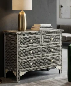 Handmade Black Bone Inlay Chest of 4 Drawers in modern living room with green chair
