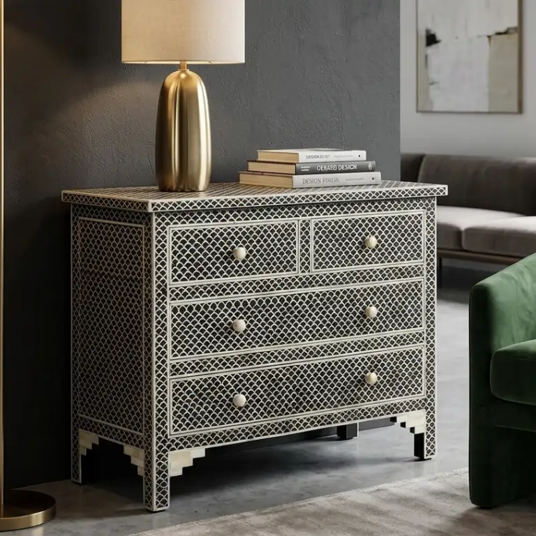 black-bone-inlay-chest-of-4-drawers Handmade Black Bone Inlay Chest of 4 Drawers in modern living room with green chair