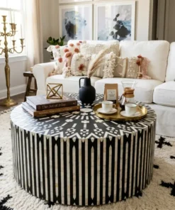 Black Mother of Pearl Inlay Round Coffee Table place in luxury living room with decor items