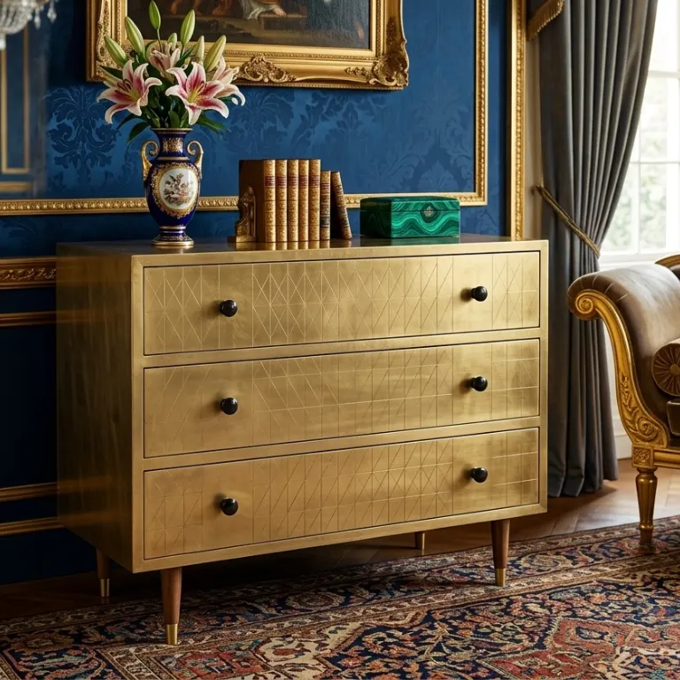 brass-4-drawer-chest Royal brass 3 drawer chest placed in royal living room