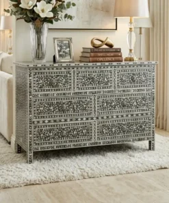 Charcoal Black Mother of Pearl Inlay Chest of 7 Drawers