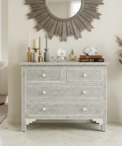 Grey bone inlay fish scale design chest of 4 drawers in modern living room