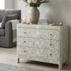 Grey Mother of Pearl Inlay Chest of 3 Drawers | Dresser in Modern living room with grey sofa and decor