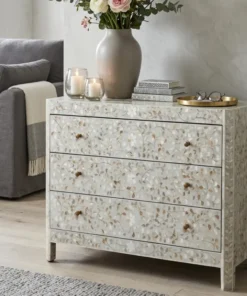 Grey Mother of Pearl Inlay Chest of 3 Drawers | Dresser in Modern living room with grey sofa and decor