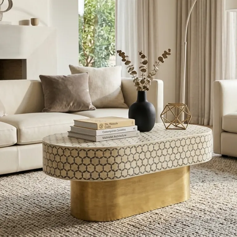 Bone Inlay Oval Coffee Table with a targua design for modern living rooms.