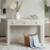 Handmade White Mother of Pearl Inlay Console Table with 3 Drawers for entryways, bedrooms, and living rooms.