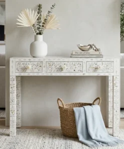 Handmade White Mother of Pearl Inlay Console Table with 3 Drawers for entryways, bedrooms, and living rooms.