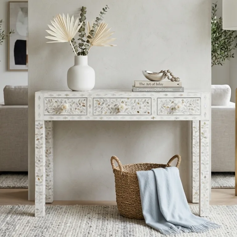 Handmade White Mother of Pearl Inlay Console Table with 3 Drawers for entryways, bedrooms, and living rooms.