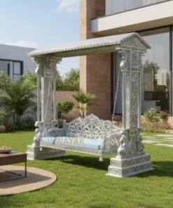 Handmade white metal large indoor swing with decorative elephant carved design