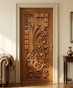 Handmade modern wooden door with intricate floral carving design