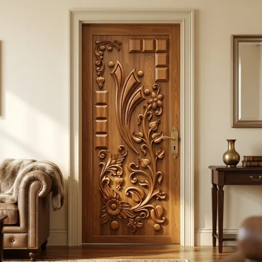 Handmade modern wooden door with intricate floral carving design