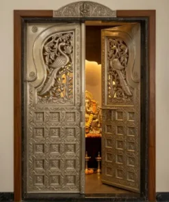 Handmade metal peacock carving temple double door
