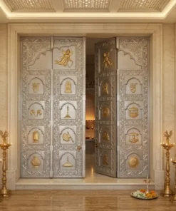 Handmade silver temple carving double door with ancient decorative design