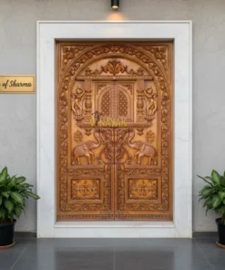 Traditional wooden carved front door for luxury home entrance