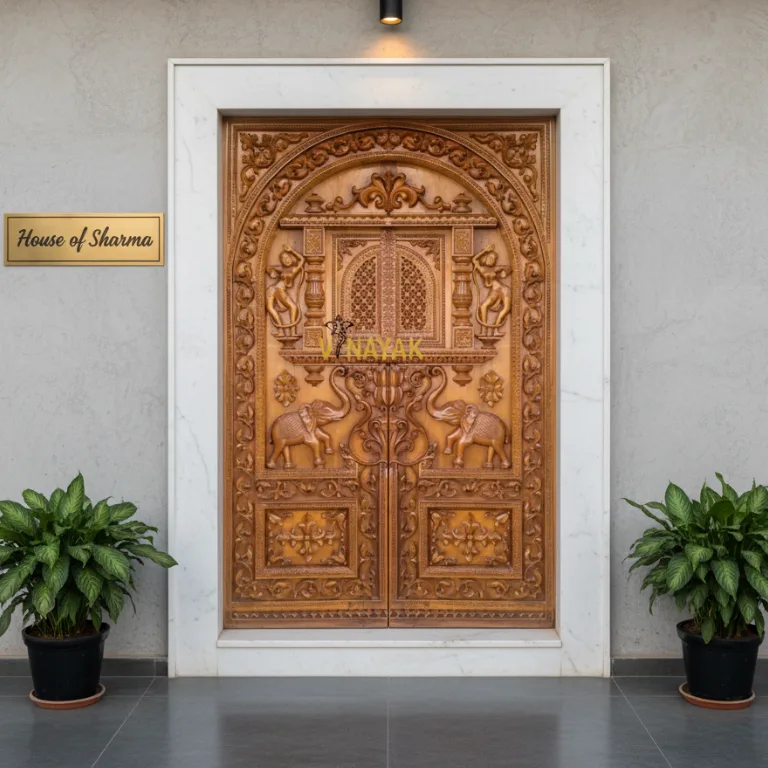 Traditional wooden carved front door for luxury home entrance