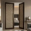 Luxury mother of pearl floral design double door with handcrafted inlay design set in contemporary bedroom entryway