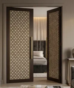 Luxury mother of pearl floral design double door with handcrafted inlay design set in contemporary bedroom entryway