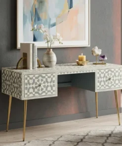 Bone inlay Moroccan design console table and desk in modern living room with decor items