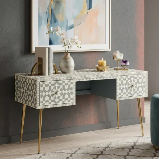 Bone inlay Moroccan design console table and desk in modern living room with decor items