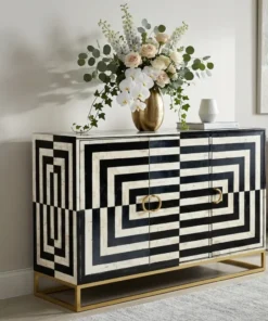 Black & white bone inlay sideboard in modern living room with vase and sofa