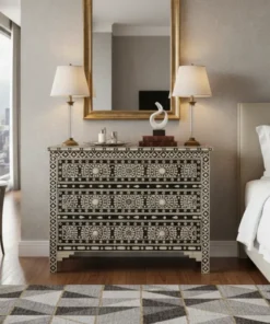 Bone Inlay Circular Flower Chest of Drawers in luxury bedroom with furnished