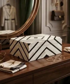 Black and white bone inlay stripe pattern jewelry box placed in modern vanity room