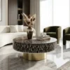 Bone Inlay Sun Ray Design Black Round Coffee Table with brass base for luxury living room furniture