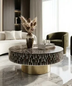 Bone Inlay Sun Ray Design Black Round Coffee Table with brass base for luxury living room furniture