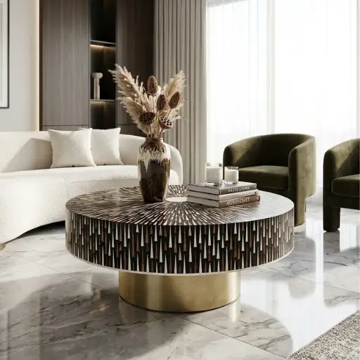 Bone Inlay Sun Ray Design Black Round Coffee Table with brass base for luxury living room furniture