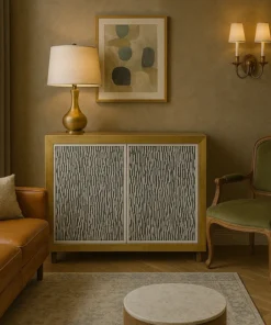 Bone Inlay & Brass Cladding Cabinet Placed in luxurious living room with furnished