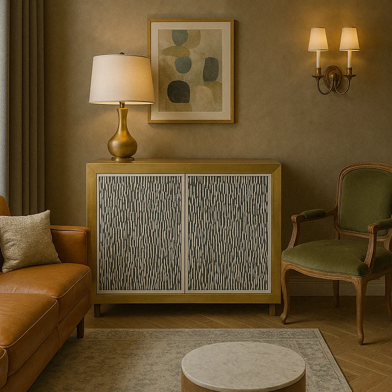 bone-inlay-brass-cladding-cabinet .1 Bone Inlay & Brass Cladding Cabinet Placed in luxurious living room with furnished