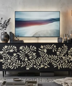 handmade bone inlay black media cabinet Flower design in modern living room with led tv and decor