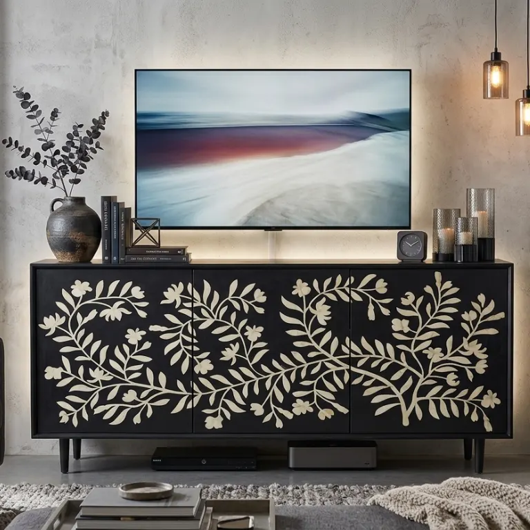 bone-inlay-floral-design-media-cabinet handmade bone inlay black media cabinet Flower design in modern living room with led tv and decor