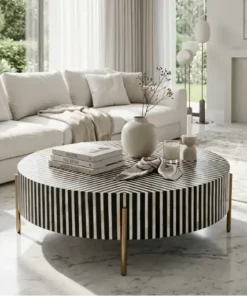 Bone Inlay Optical Design Black Round Coffee Table with Brass Stand
