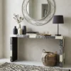 DIY bone inlay console table placed in modern living room with round mirror and lamp