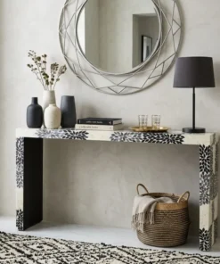 DIY bone inlay console table placed in modern living room with round mirror and lamp