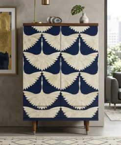 Bone Inlay Cabinet with Bird Pattern and 2 drawer set in modern living room with sofa