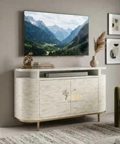 Luxurious Bone Inlay White Entertainment / TV Cabinet with LED Tv and Modern Decor