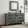 Bone Inlay Sun Flora Design Chest of 6 Drawers Black styled in living room with wall mirror and decor items