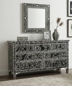 Bone Inlay Sun Flora Design Chest of 6 Drawers Black styled in living room with wall mirror and decor items