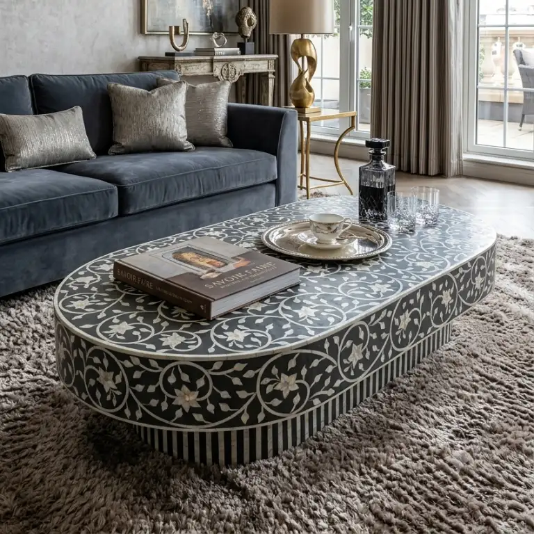luxury-grey-mother-of-pearl-inlay-coffee-table (1) Grey Mother of Pearl design offers handcrafted beauty and a refined look in luxury living room.