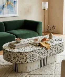 Mother of pearl white oval shape coffee table Floral design with green sofa and decor items